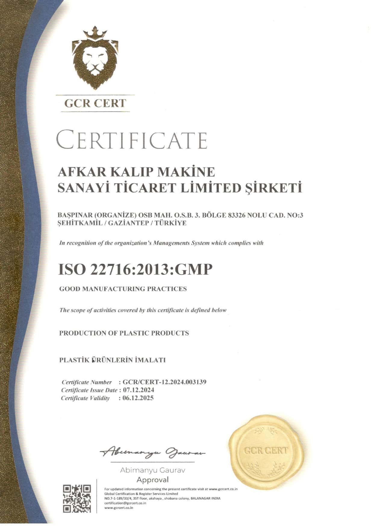 ISO Belge 22716-2013 GMP Afkar